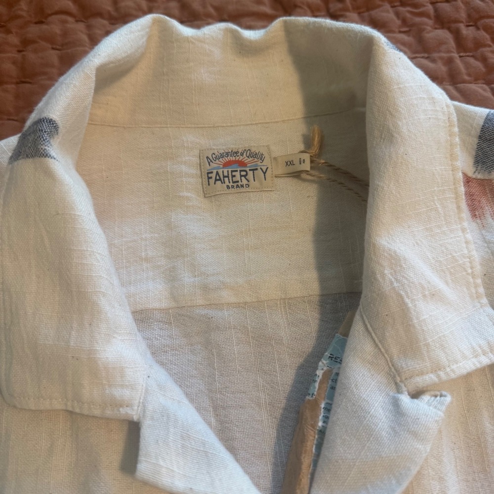 Faherty Brand Mens XXL Short Sleeve Ikat Print Linen Blend Camp Shirt Cream - Picture 5 of 9